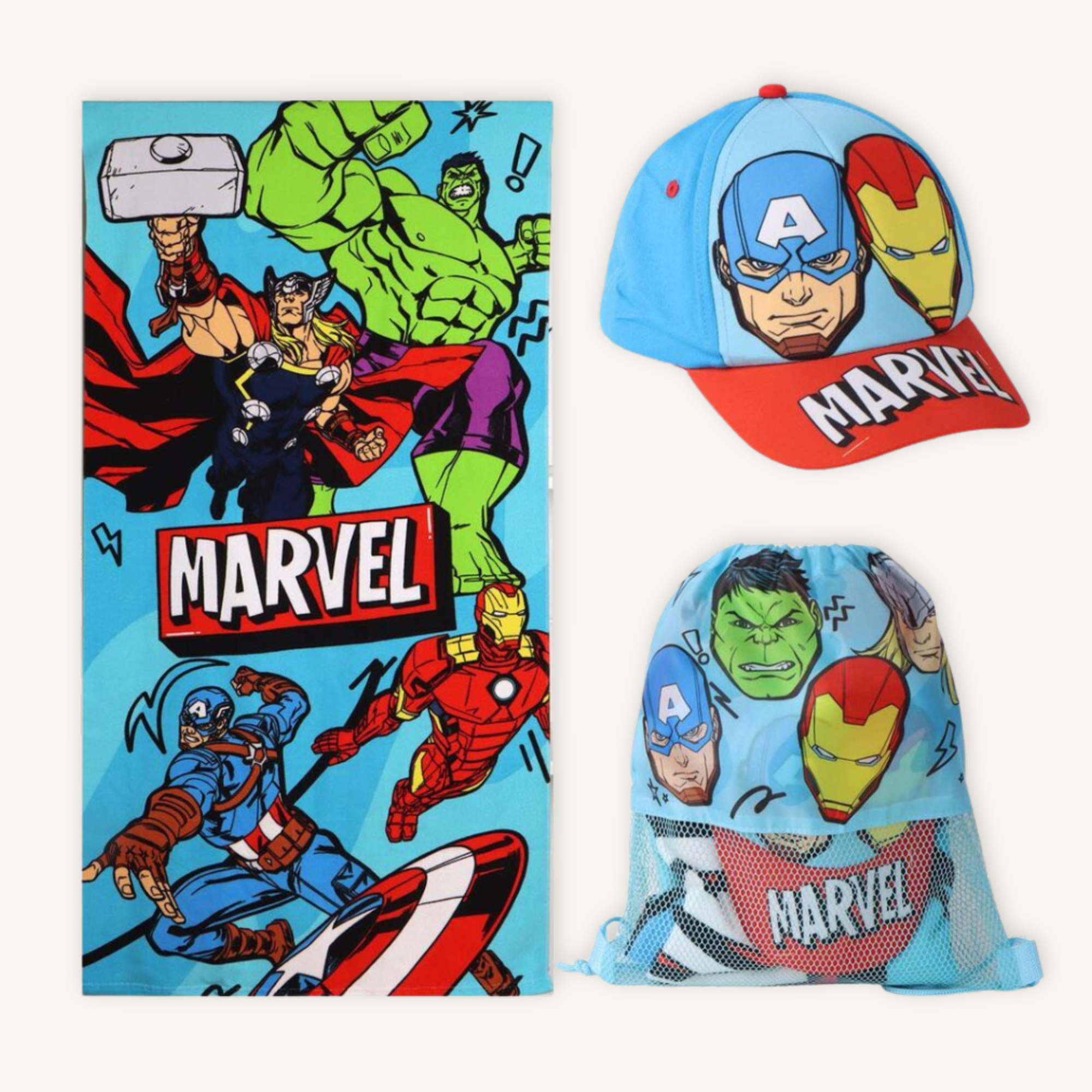 AVENGERS Hero™ – Pack Infantil Playa Toalla + Mochila + Gorra · Marvel®
