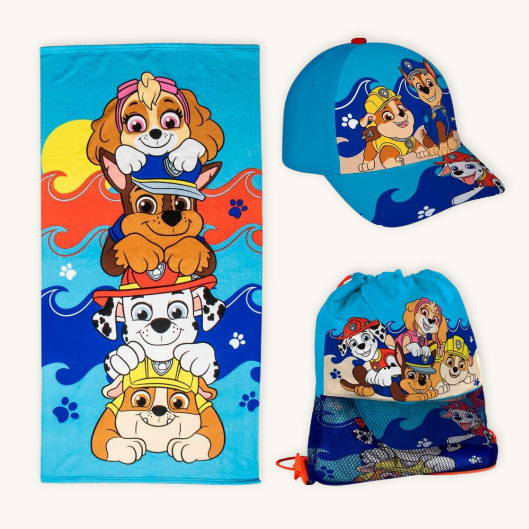 PAW Patrol Splash® – Pack Infantil Playa Toalla + Mochila + Gorra