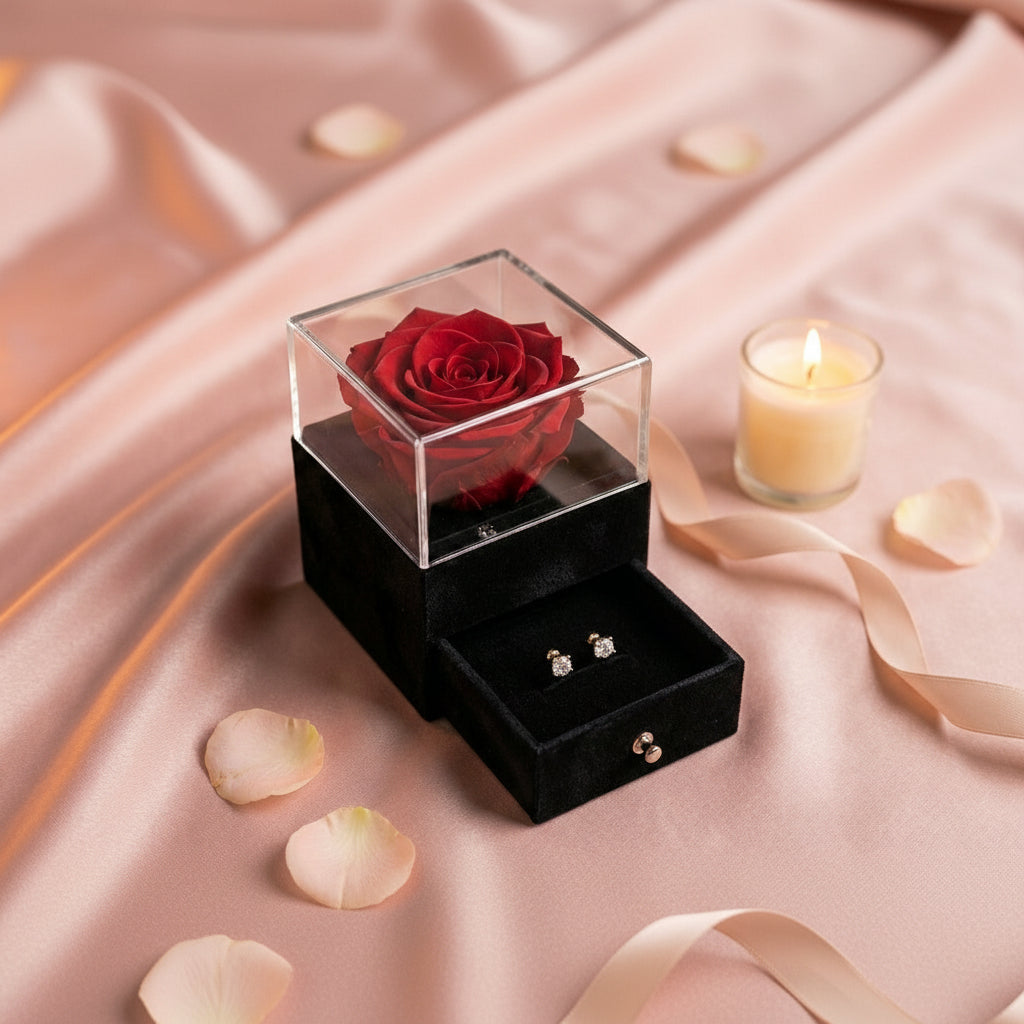 Caja de Joyería con Rosa Eterna – Regalo Premium y Romántico