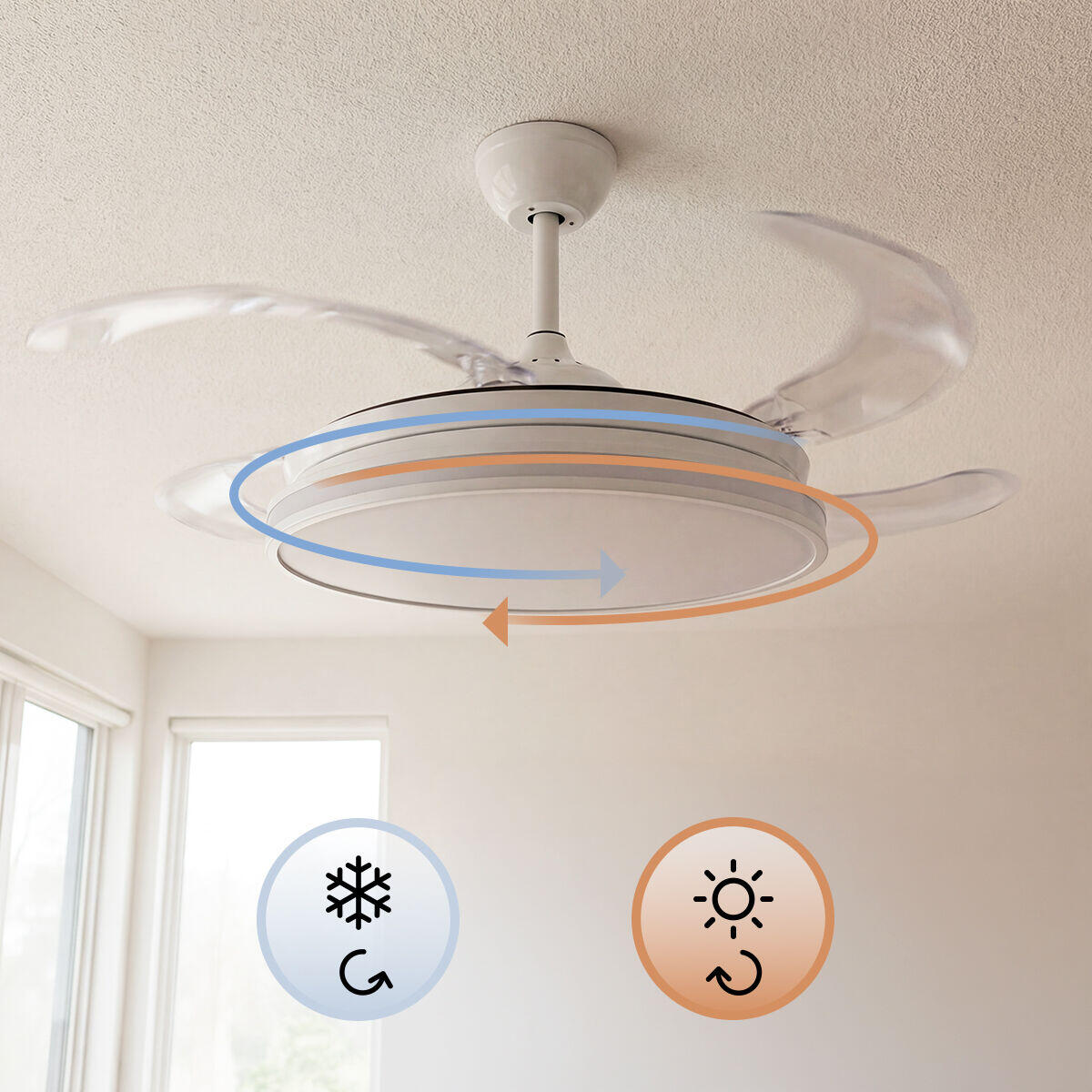 AeroGlow Retract™ – Ventilador de Techo LED RGB con 4 Aspas Retráctiles y Mando DC Silencioso