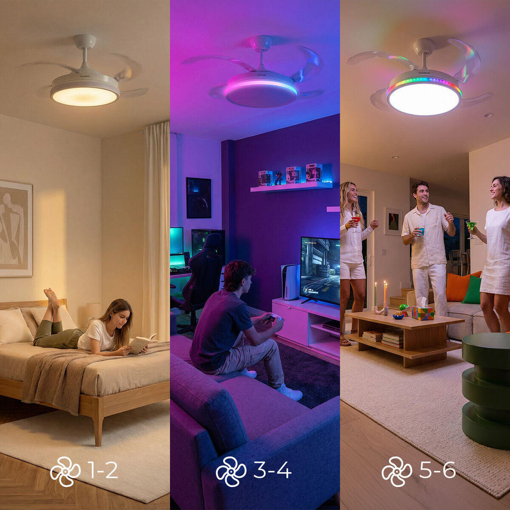 AeroGlow Retract™ – Ventilador de Techo LED RGB con 4 Aspas Retráctiles y Mando DC Silencioso