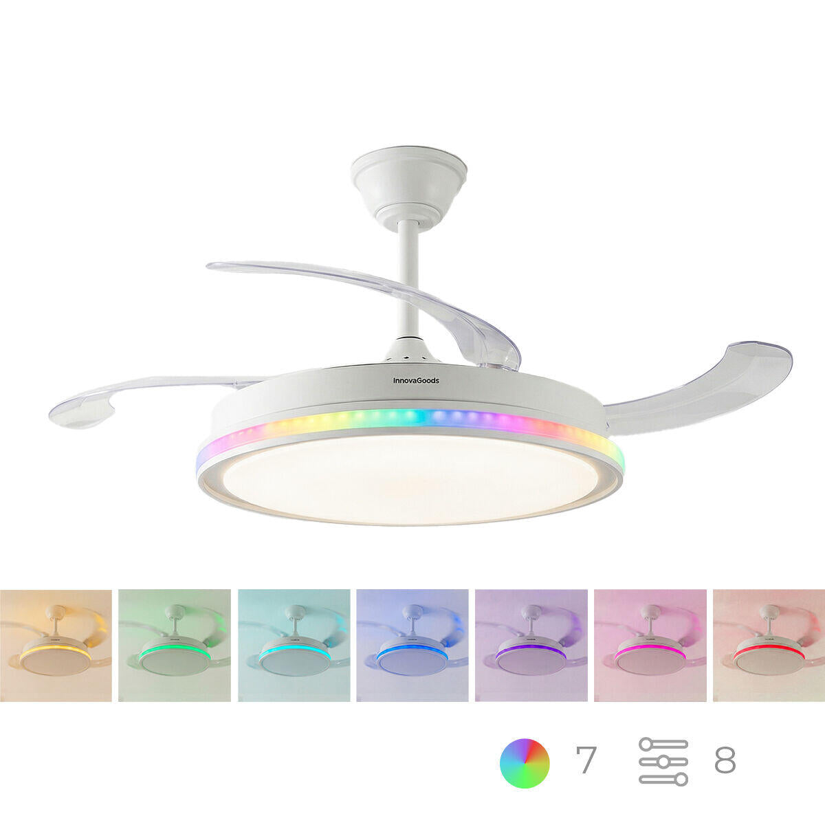 AeroGlow Retract™ – Ventilador de Techo LED RGB con 4 Aspas Retráctiles y Mando DC Silencioso
