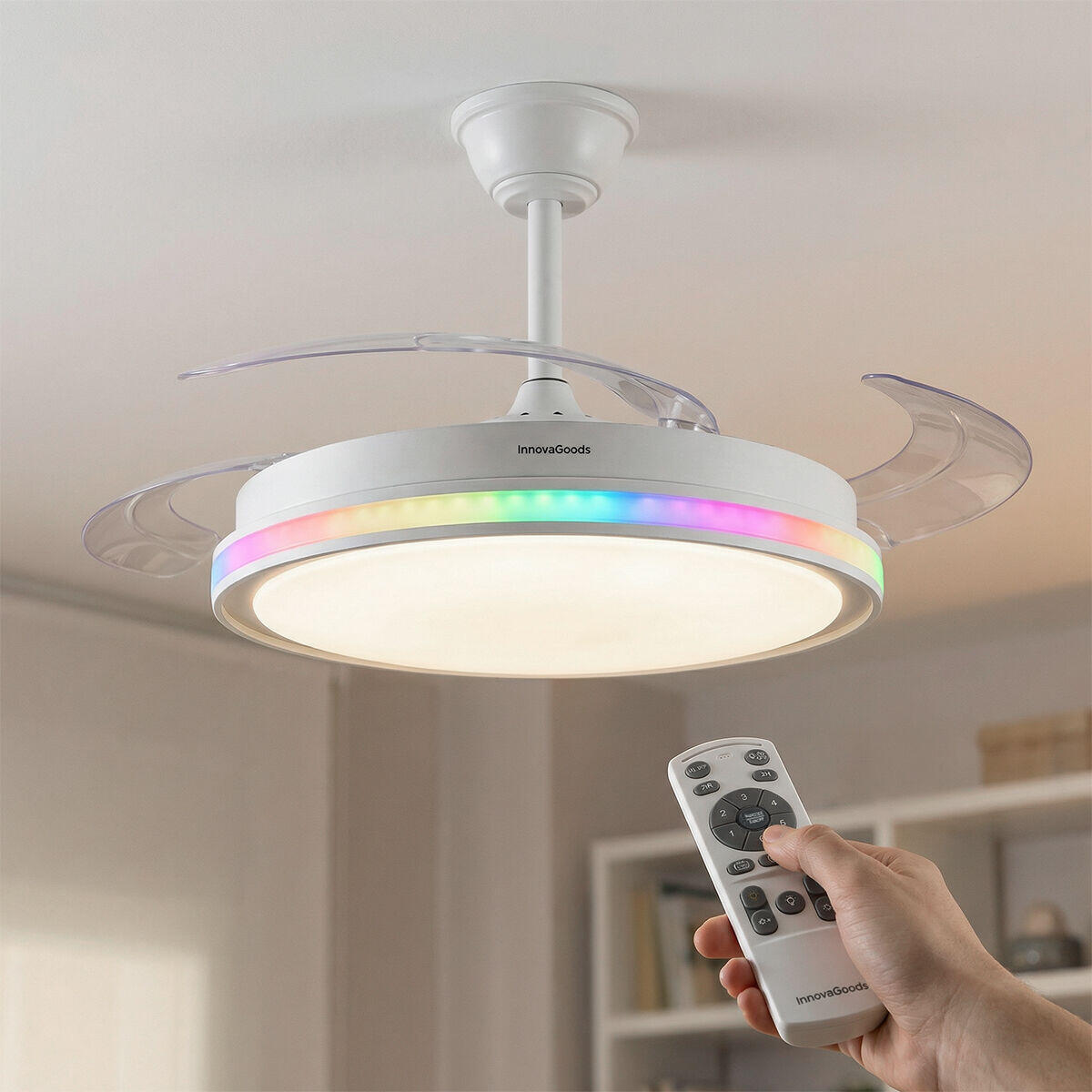 AeroGlow Retract™ – Ventilador de Techo LED RGB con 4 Aspas Retráctiles y Mando DC Silencioso